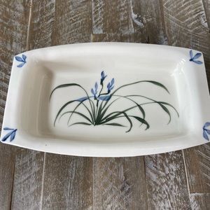 Glazed Ceramic Serving Dish- Dainty Japanese   Irises- Signed by Artist-Lovely!